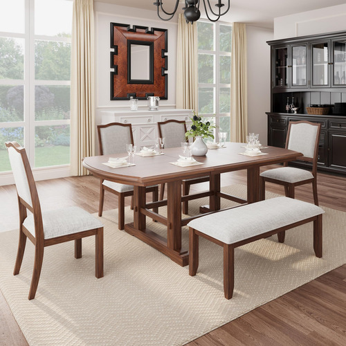 6 Piece Dining Table Set With Bench Extendable Kitchen Table