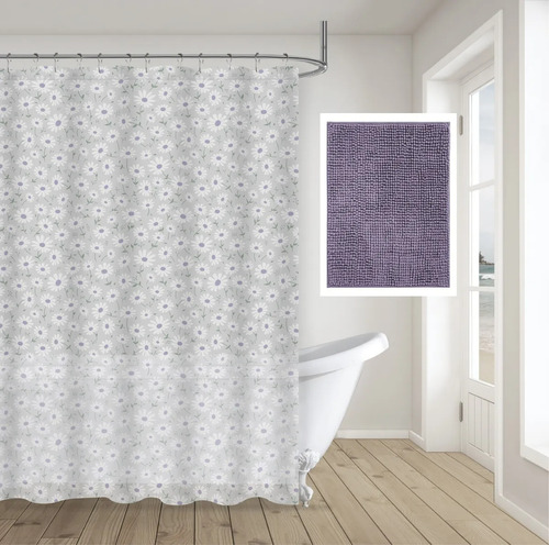 Set Combo Cortina Baño Estampada + Alfombra Shaggy + Ganchos Lila
