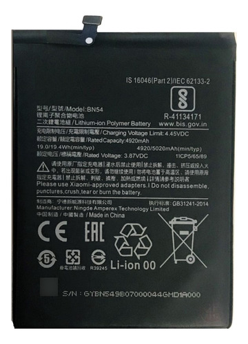 Bateria Para Xiaomi Redmi Note 9 Bn54