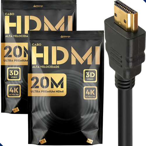 Kit 2 Cabos HDMI 20m Gold Ultra High Speed 4K 120Hz Blindado Full HD 3D Premium Marqs Home Compatível com PS5 TV Smart Projetor PC