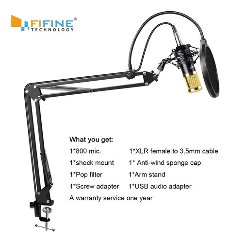 Microfono Condenser Kit Fifine Brazo Articulado Filtro Araña