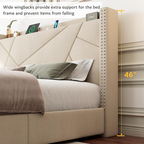 Bed Frame Minimalista King Size C/ 4 Cajones Beige