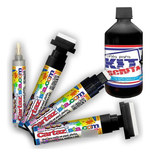 Canetas Pra Cartaz Combo Pincel Ponta Grossa 4uni + Tinta Cor Preto