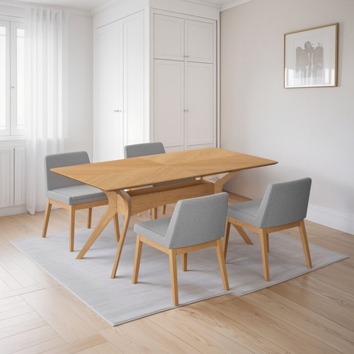 Juego De Comedor Lisboa De Madera Con 4 Sillas Tapizadas Diseño de la tela de las sillas Gris Claro - Roble