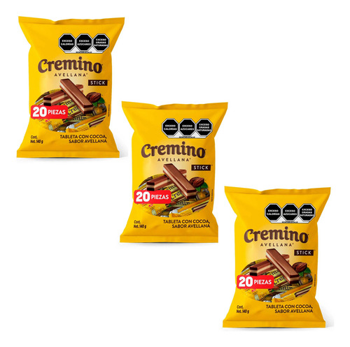 3 Bolsas Chocolates Cremino Avellana Stick Bolsa 60 Pza