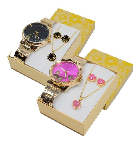 Relógio Feminino Dourado + Kit Colar E Brinco Foliado + Caix