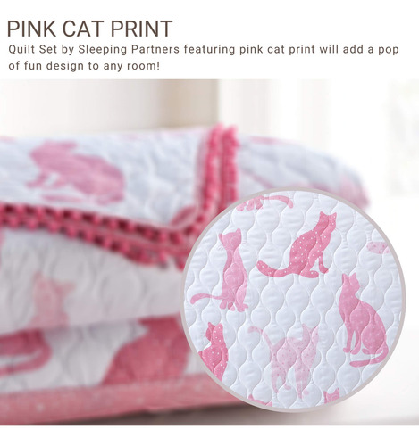 Conjunto De Colcha De Gatos Rosados Con Mini Pompones,