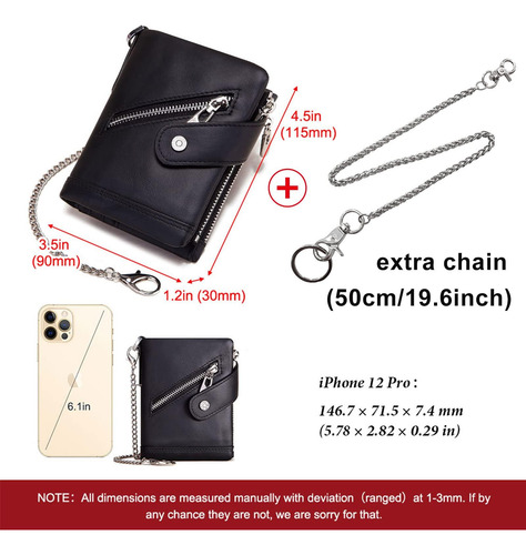 Cartera Hombre Cuero Genuino Rfid Doble Cremallera Con Caden