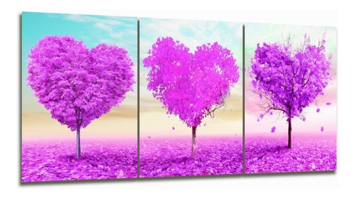 Cuadro Triptico Arbol Corazon Hojas Decoración 90x40cm