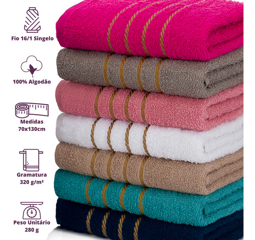 Toalha Banho 06un Barra Dourada 130x70cm 100% Algodão Macia Cor Sortido