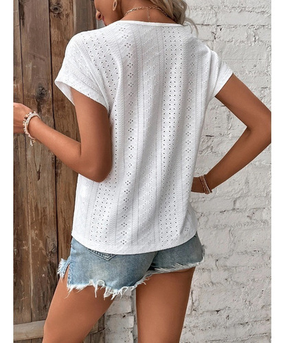 Blusa De Manga Corta Con Cuello En V Liso Y Hueco Para Mujer