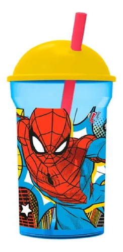 Vaso Tapa Alta + Pajita 460 Ml Spiderman Amarillo y Azul