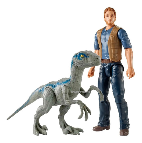 Jurassic World Velociraptor Blue + Owen Mattel Orig Scarlet