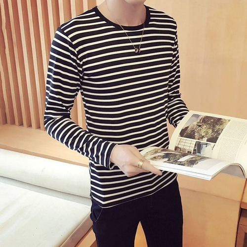 Playera De Manga Larga A Rayas Para Hombre, Playera Casual