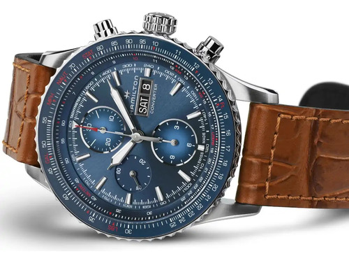 Reloj Hamilton Khaki Aviation Converter H76746540 Correa Marrón Bisel Azul Oscuro Fondo Azul Oscuro