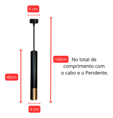 Pendente Cabeceira Piazzi Tubo Preto E Dourado 40cm Pt-9115 127/220v