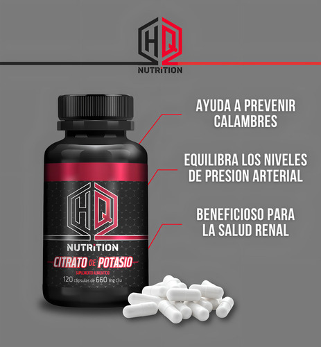 HQ NUTRITION - Citrato de Potasio en Cápsulas - Suplemento para Equilibrio Electrolítico y Soporte Muscular - Alta Calidad y Pureza - 2 Botes de 120 Cápsulas Cada Uno Sin Sabor