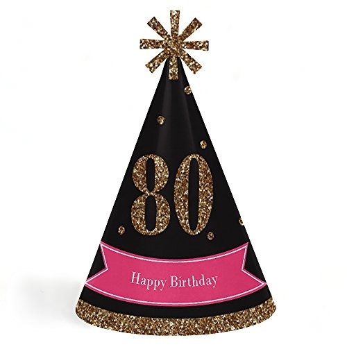Chic 80 Cumpleaños - Rosa, Negro Y Dorado - Cono Fiesta De
