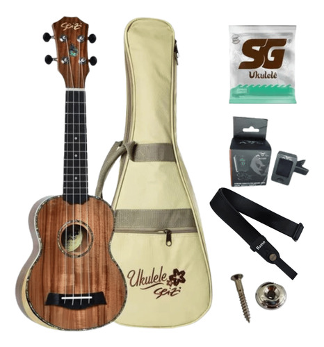 Ukulele Seizi Acústico Soprano Bora Bora Plus Koa + Kit