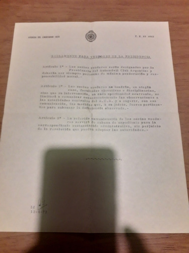 Aca Automovil Club Argentino Reglamento Presidencia 1973 (Usado)