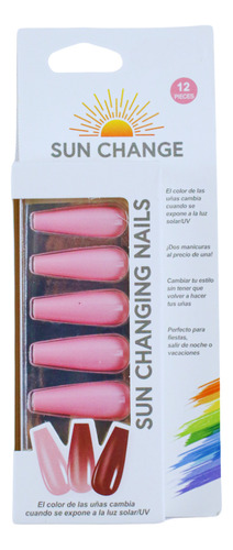 Kit Uñas Postizas Sun Change Presson Cambia Color 12 Piezas Purpura/rosa Larga