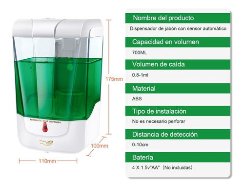 Imagen 6 de 10 de Dispensador 700automático De Jabón De Gel Antibacteriano De