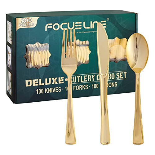 300 Pack Gold Plastic Cutlery Set 100 Forks, 100 Knives...
