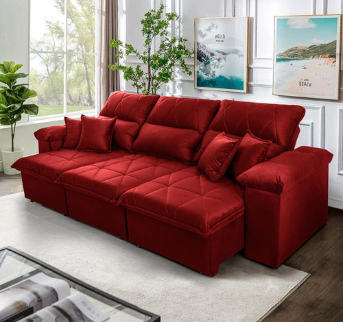 Sofá Retrátil/reclinável Trento 2,30m Velut Vermelho C Molas