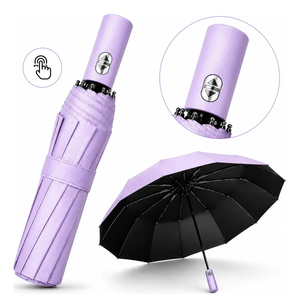 Guarda Chuva Automático Abre Fecha Reforçado Grande Dobrável Proteção UV 12 Painéis Com Capa Bolsa Sombrinha Lilás Liso