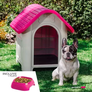 Casa De Perro Raza Mediana +plato Marca Mq Color Magenta