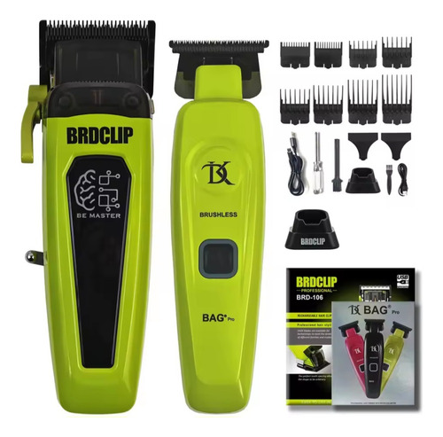 Combo Brdclip Clipper Y Trimmer Profesional Barberia Verde Lima