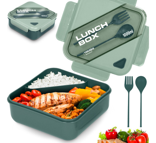 Lunch Box Bento Lonchera Térmica 1 L Con Cuchara Tenedor Color Verde Lunch Box Cuadrado