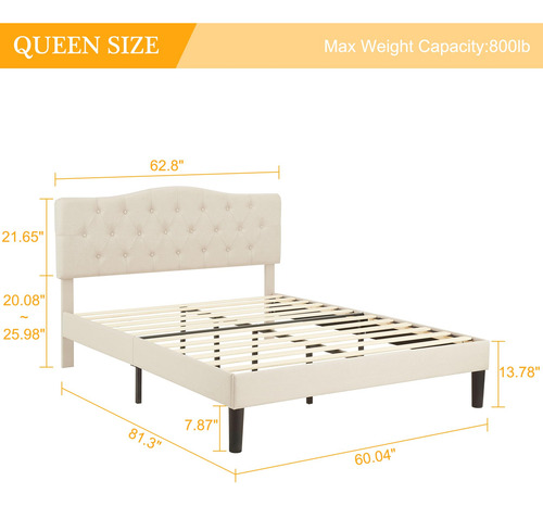 Base De Cama Queen Con Cabecera Tapizada Color Beige