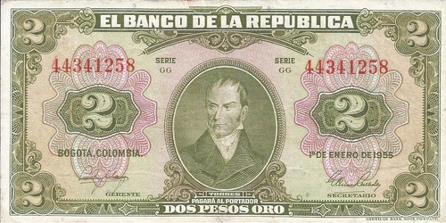 Colombia 2 Pesos 1 Enero 1955
