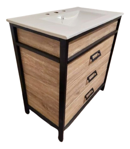 Mueble Vanitory Con Bacha Loza 3 Agu Iron Campi 80cm Roble V