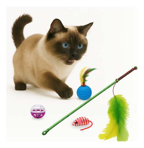 Kit Brinquedos Gato 4 Peças Varinha Bolinha Ratinho Nekocat Cor Cores Variadas C