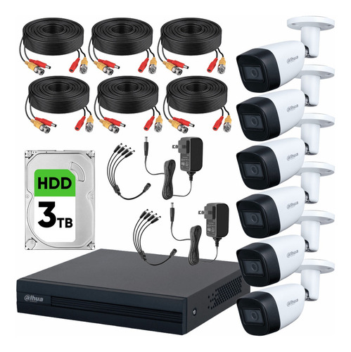 Dahua Kit de Video Vigilancia 6 Cámaras Metálicas 2 MP Micrófono HDD de 3 TB + Accesorios Cámaras de Seguridad con Detección de Movimento y Alta Resolución