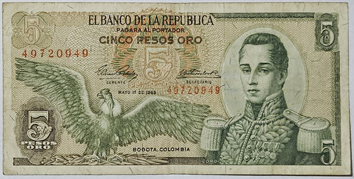 Billete 5 Pesos 01/may/1963 Colombia Vf