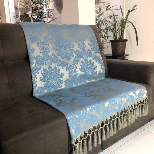 Manta Decorativa Jacquard Para Sofá 190x140cm Escolha Cor Azul E Dourado Desenho