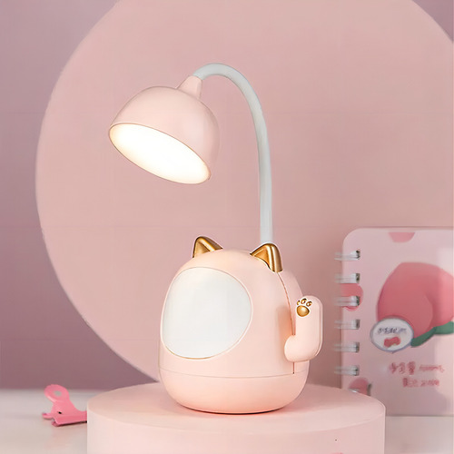 Luminária De Mesa E Apontador De Lápis Gato Da Sorte Maneki Cúpula Rosa Estrutura Branco 5v