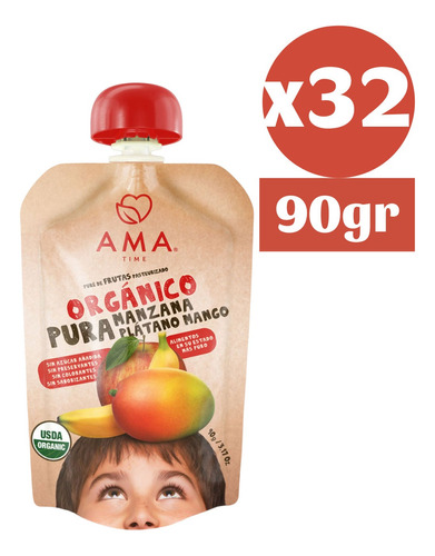 32x Ama Pure Fruta Manzana Platano Mango Orgánico Papilla