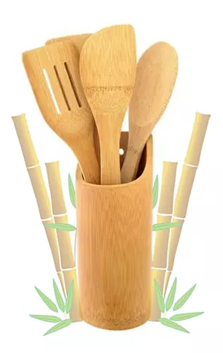 Set 5 Utensilios Cocina + Base De Madera Bamboo – Dulces Sabores