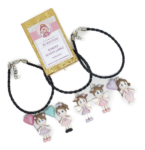 Recuerdo Bautizo 3 Pz Pulsera De Piel Dije Niña+estuche N1