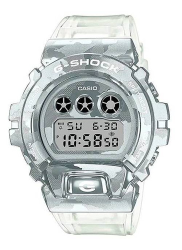 Reloj pulsera Casio G-Shock GM-6900 de cuerpo color gris, digital, para hombre, fondo gris, con correa de resina color transparente, dial negro, subesferas color negro y gris, minutero/segundero negro, bisel color gris, luz verde azulado
