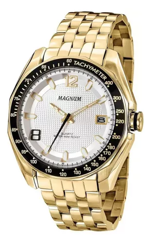 Relógio Masculino Dourado Pulseira De Couro Magnum Ma31542b