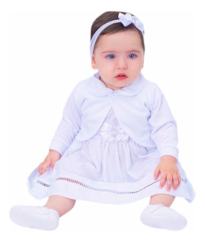 Vestido De Bebe Com Tiara Batizado Ano Novo 100% Algodão 