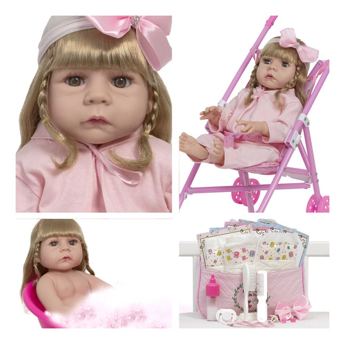 Boneca Bebê Reborn Realista Loira Enxoval Bolsa Carrinho