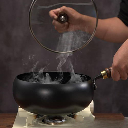 . Olla De Hierro Wok Con Fondo Redondo, Cubierta De Madera