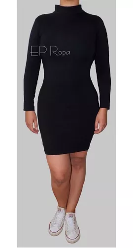 LOB Vestido Corto Casual Mujer Manga Larga Negro Cuello Mock Moderno Moda