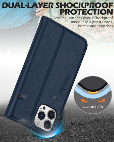 Funda Tipo Cartera Shieldon Para iPhone 13 Pro Max 5g, Color Azul Marino
